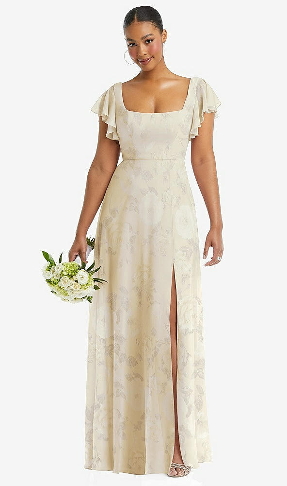 Front View - Butter Yellow Floral Flutter Sleeve Scoop Open-Back Chiffon Maxi Dress