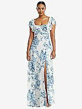 Alt View 1 Thumbnail - Cottage Rose Dusk Blue Flutter Sleeve Scoop Open-Back Chiffon Maxi Dress