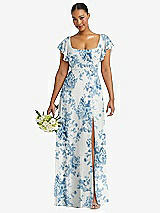 Front View Thumbnail - Cottage Rose Dusk Blue Flutter Sleeve Scoop Open-Back Chiffon Maxi Dress