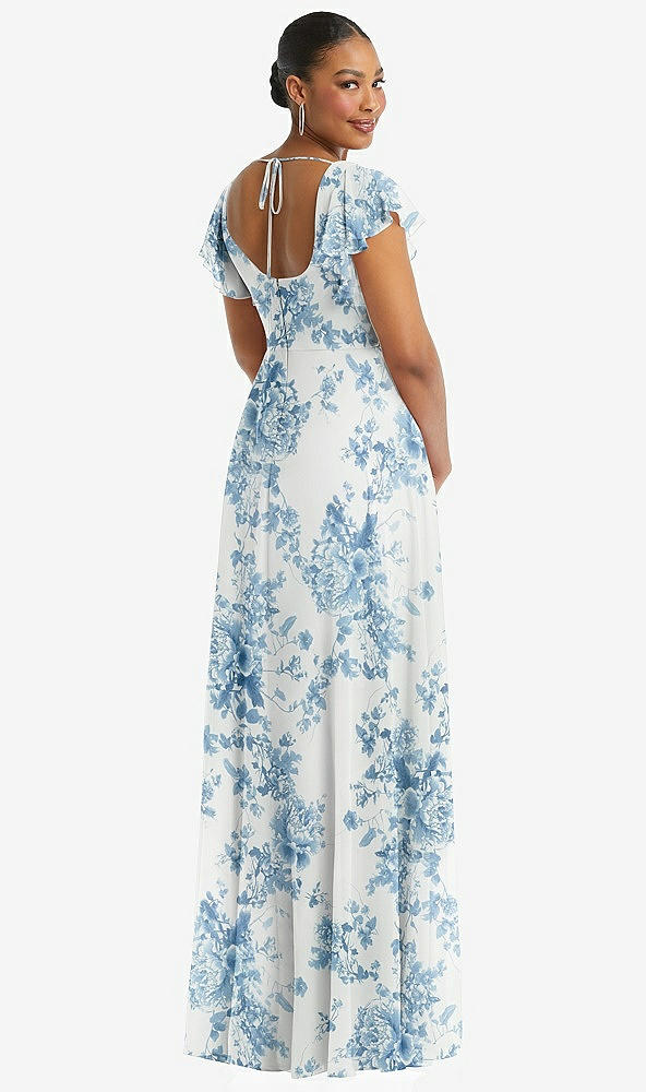 Back View - Cottage Rose Dusk Blue Flutter Sleeve Scoop Open-Back Chiffon Maxi Dress