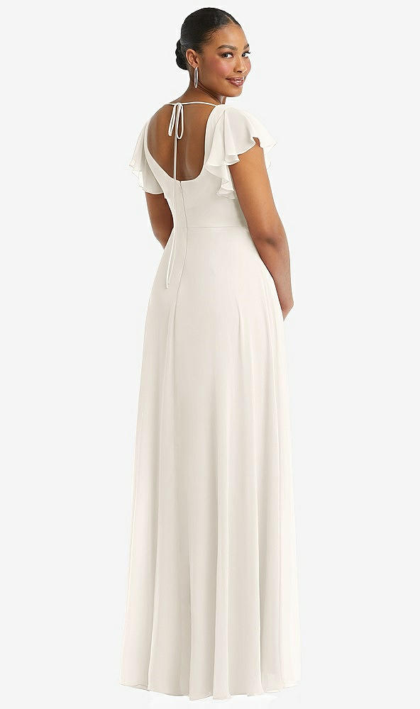 Back View - Ivory Flutter Sleeve Scoop Open-Back Chiffon Maxi Dress