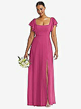 Front View Thumbnail - Tea Rose Flutter Sleeve Scoop Open-Back Chiffon Maxi Dress