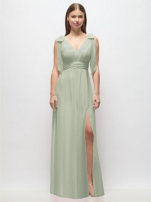 Plunge Neckline Bow Shoulder Empire Waist Chiffon Maxi Dress