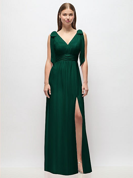 Plunge Neckline Bow Shoulder Empire Waist Chiffon Maxi Dress