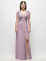 Front View Thumbnail - Suede Rose Plunge Neckline Bow Shoulder Empire Waist Chiffon Maxi Dress