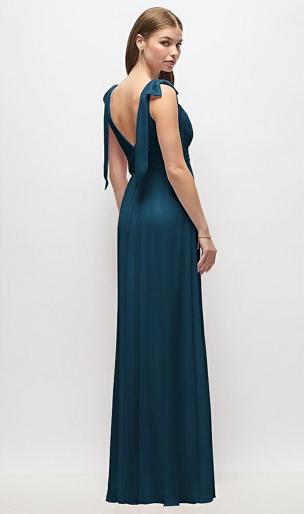 Back View - Atlantic Blue Plunge Neckline Bow Shoulder Empire Waist Chiffon Maxi Dress