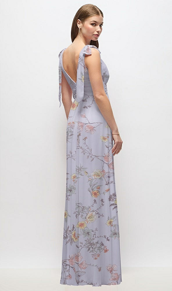 Back View - Butterfly Botanica Silver Dove Plunge Neckline Bow Shoulder Empire Waist Chiffon Maxi Dress