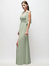 Side View Thumbnail - Celadon Plunge Neckline Bow Shoulder Empire Waist Chiffon Maxi Dress