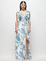 Front View Thumbnail - Cottage Rose Dusk Blue Plunge Neckline Bow Shoulder Empire Waist Chiffon Maxi Dress