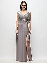 Front View Thumbnail - Cashmere Gray Plunge Neckline Bow Shoulder Empire Waist Chiffon Maxi Dress