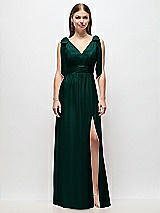 Front View Thumbnail - Evergreen Plunge Neckline Bow Shoulder Empire Waist Chiffon Maxi Dress