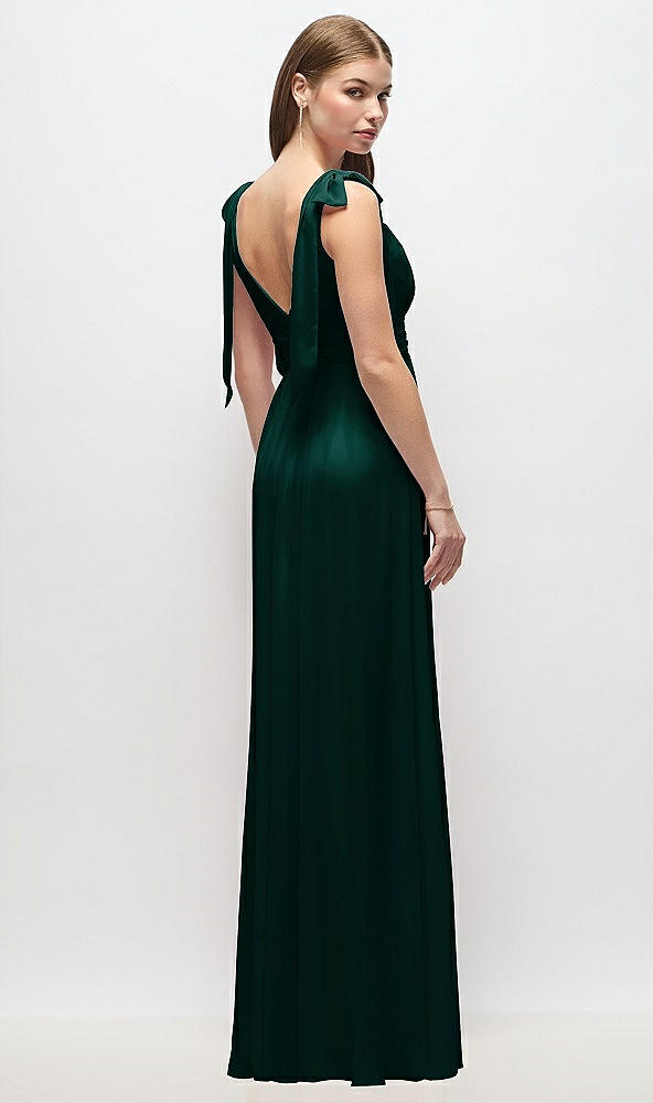 Back View - Evergreen Plunge Neckline Bow Shoulder Empire Waist Chiffon Maxi Dress