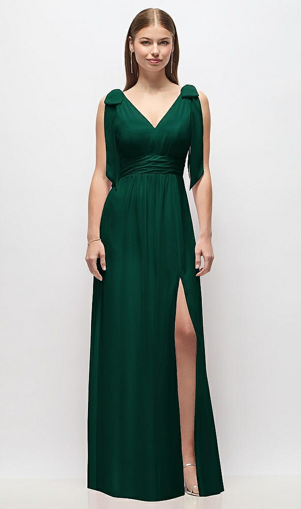 Front View - Hunter Green Plunge Neckline Bow Shoulder Empire Waist Chiffon Maxi Dress