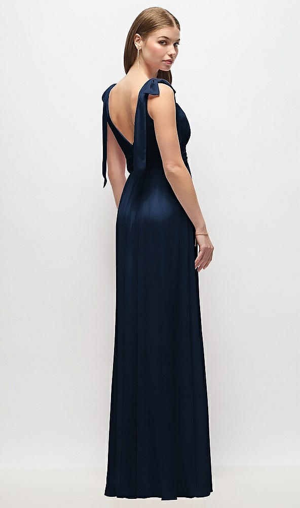 Back View - Midnight Navy Plunge Neckline Bow Shoulder Empire Waist Chiffon Maxi Dress