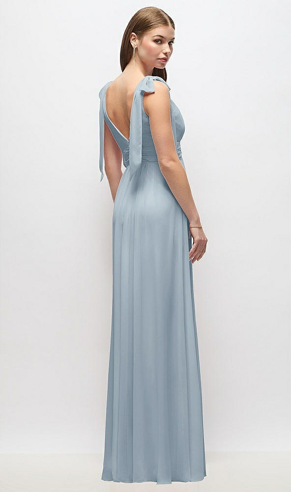 Back View - Mist Plunge Neckline Bow Shoulder Empire Waist Chiffon Maxi Dress