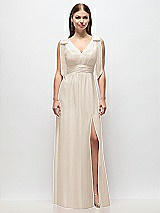 Front View Thumbnail - Oat Plunge Neckline Bow Shoulder Empire Waist Chiffon Maxi Dress
