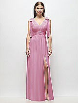Front View Thumbnail - Powder Pink Plunge Neckline Bow Shoulder Empire Waist Chiffon Maxi Dress