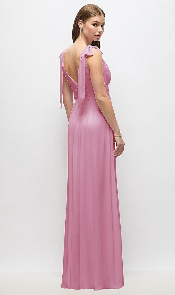 Back View - Powder Pink Plunge Neckline Bow Shoulder Empire Waist Chiffon Maxi Dress