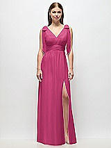 Front View Thumbnail - Tea Rose Plunge Neckline Bow Shoulder Empire Waist Chiffon Maxi Dress