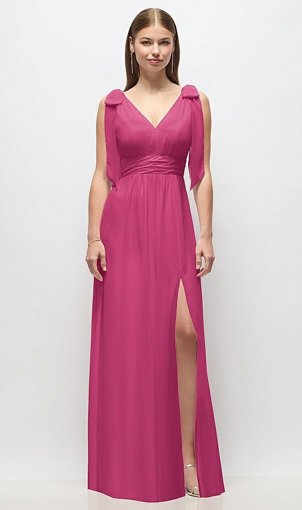 Front View - Tea Rose Plunge Neckline Bow Shoulder Empire Waist Chiffon Maxi Dress