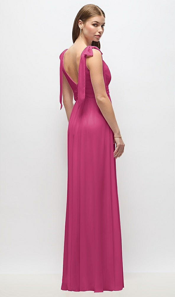 Back View - Tea Rose Plunge Neckline Bow Shoulder Empire Waist Chiffon Maxi Dress
