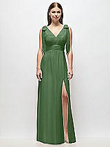 Front View Thumbnail - Vineyard Green Plunge Neckline Bow Shoulder Empire Waist Chiffon Maxi Dress