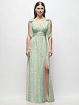 Front View Thumbnail - Vintage Primrose Sage Plunge Neckline Bow Shoulder Empire Waist Chiffon Maxi Dress