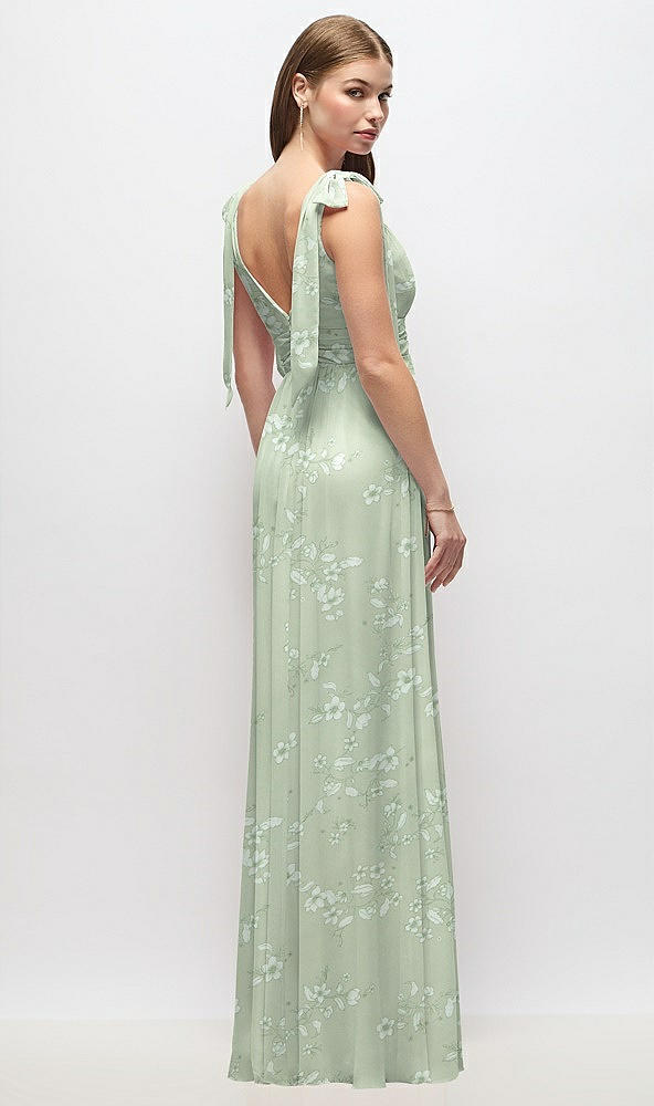 Back View - Vintage Primrose Sage Plunge Neckline Bow Shoulder Empire Waist Chiffon Maxi Dress