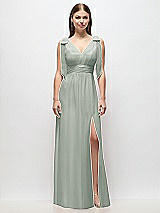 Front View Thumbnail - Willow Green Plunge Neckline Bow Shoulder Empire Waist Chiffon Maxi Dress