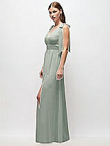 Side View Thumbnail - Willow Green Plunge Neckline Bow Shoulder Empire Waist Chiffon Maxi Dress