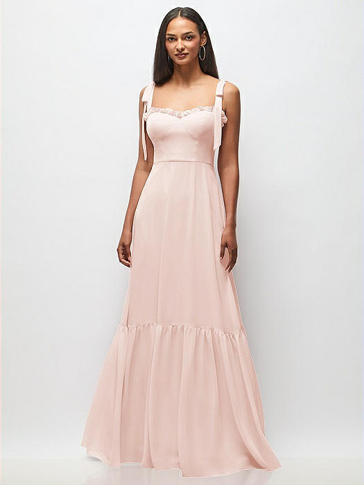 Tie-Shoulder Bustier Bodice Ruffle-Hem Maxi Dress