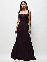 Front View Thumbnail - Deep Plum Tie-Shoulder Bustier Bodice Ruffle-Hem Maxi Dress