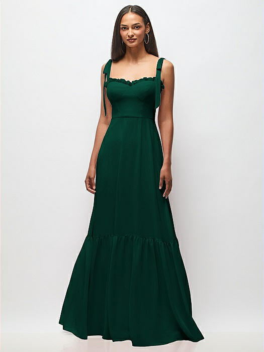 Tie-Shoulder Bustier Bodice Ruffle-Hem Maxi Dress