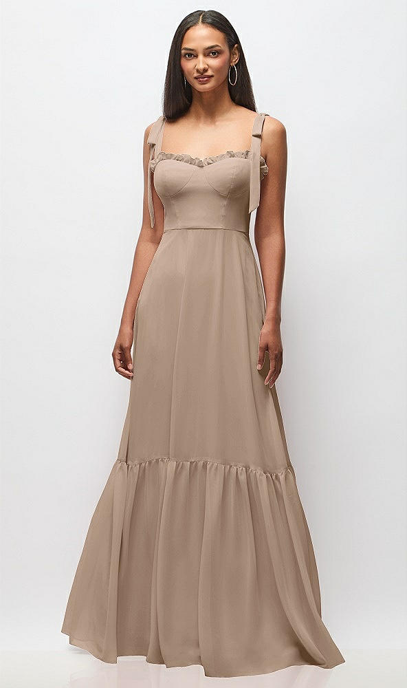 Front View - Topaz Tie-Shoulder Bustier Bodice Ruffle-Hem Maxi Dress