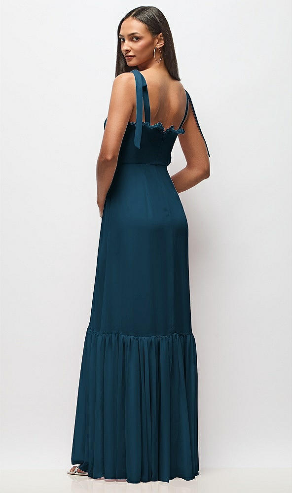 Back View - Atlantic Blue Tie-Shoulder Bustier Bodice Ruffle-Hem Maxi Dress