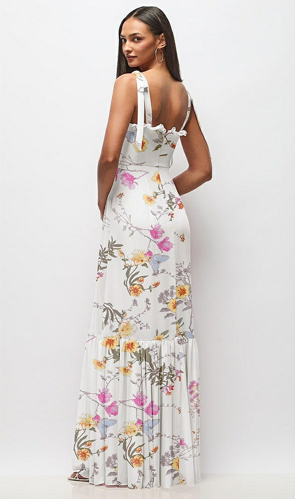 Back View - Butterfly Botanica Ivory Tie-Shoulder Bustier Bodice Ruffle-Hem Maxi Dress