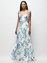 Front View Thumbnail - Cottage Rose Dusk Blue Tie-Shoulder Bustier Bodice Ruffle-Hem Maxi Dress