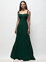 Front View Thumbnail - Hunter Green Tie-Shoulder Bustier Bodice Ruffle-Hem Maxi Dress