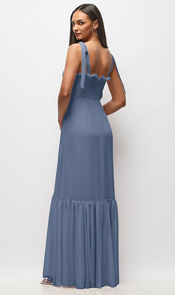 Back View - Larkspur Blue Tie-Shoulder Bustier Bodice Ruffle-Hem Maxi Dress