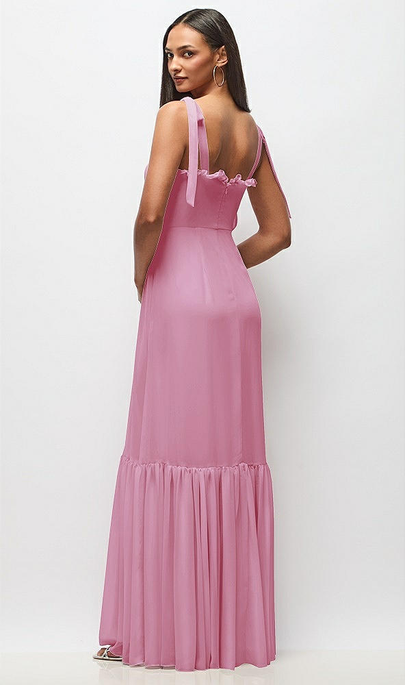 Back View - Powder Pink Tie-Shoulder Bustier Bodice Ruffle-Hem Maxi Dress