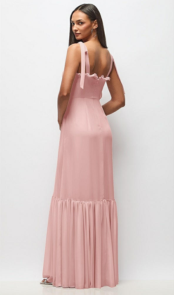 Back View - Rose Tie-Shoulder Bustier Bodice Ruffle-Hem Maxi Dress