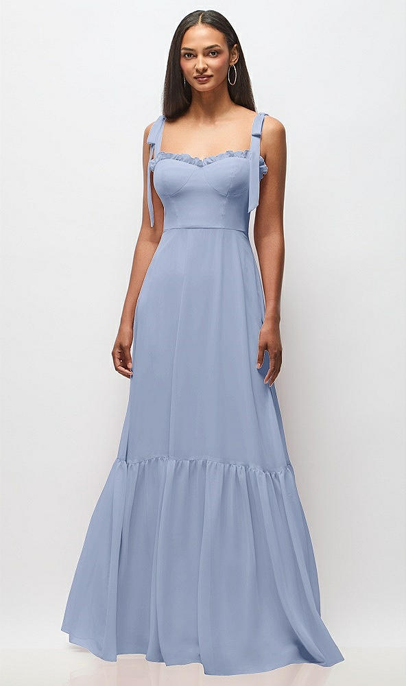 Front View - Sky Blue Tie-Shoulder Bustier Bodice Ruffle-Hem Maxi Dress