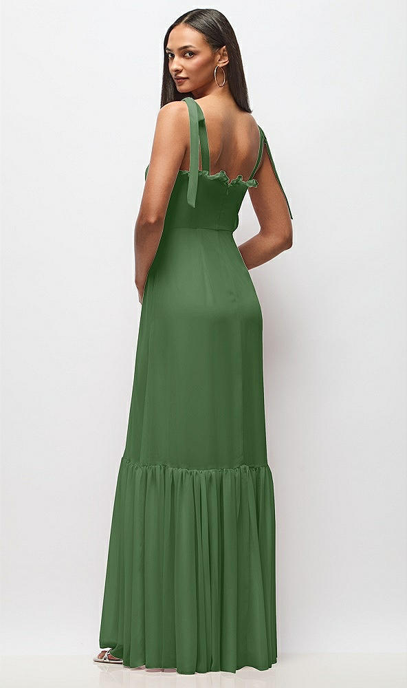 Back View - Vineyard Green Tie-Shoulder Bustier Bodice Ruffle-Hem Maxi Dress