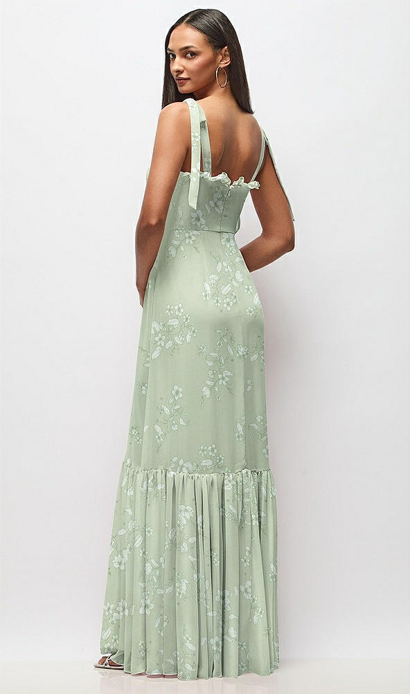 Back View - Vintage Primrose Sage Tie-Shoulder Bustier Bodice Ruffle-Hem Maxi Dress