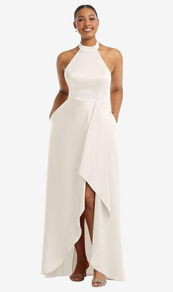 Front View - Ivory High-Neck Tie-Back Halter Cascading High Low Maxi Dress