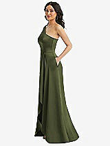 Side View Thumbnail - Olive Green One-Shoulder High Low Maxi Dress with Pockets