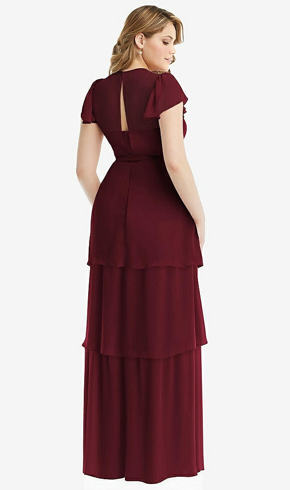 Back View - Cabernet Flutter Sleeve Jewel Neck Chiffon Maxi Dress with Tiered Ruffle Skirt