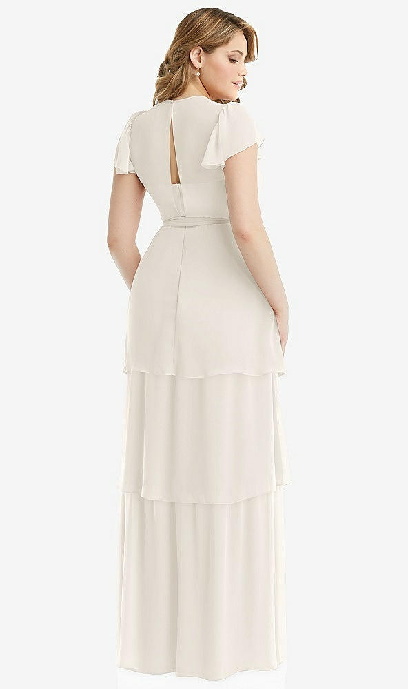 Back View - Ivory Flutter Sleeve Jewel Neck Chiffon Maxi Dress with Tiered Ruffle Skirt