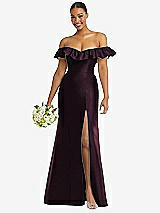 Alt View 1 Thumbnail - Deep Plum Off-the-Shoulder Ruffle Neck Satin Trumpet Gown