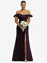 Alt View 2 Thumbnail - Deep Plum Off-the-Shoulder Ruffle Neck Satin Trumpet Gown